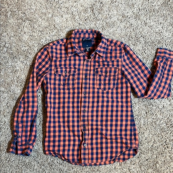 True Religion Other - True Religion Youth Boys Casual Button Down Shirt in Orange and Blue Size Large